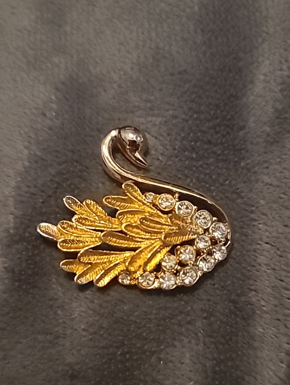 Gold Swan Brooch with Clear Crystal Accents